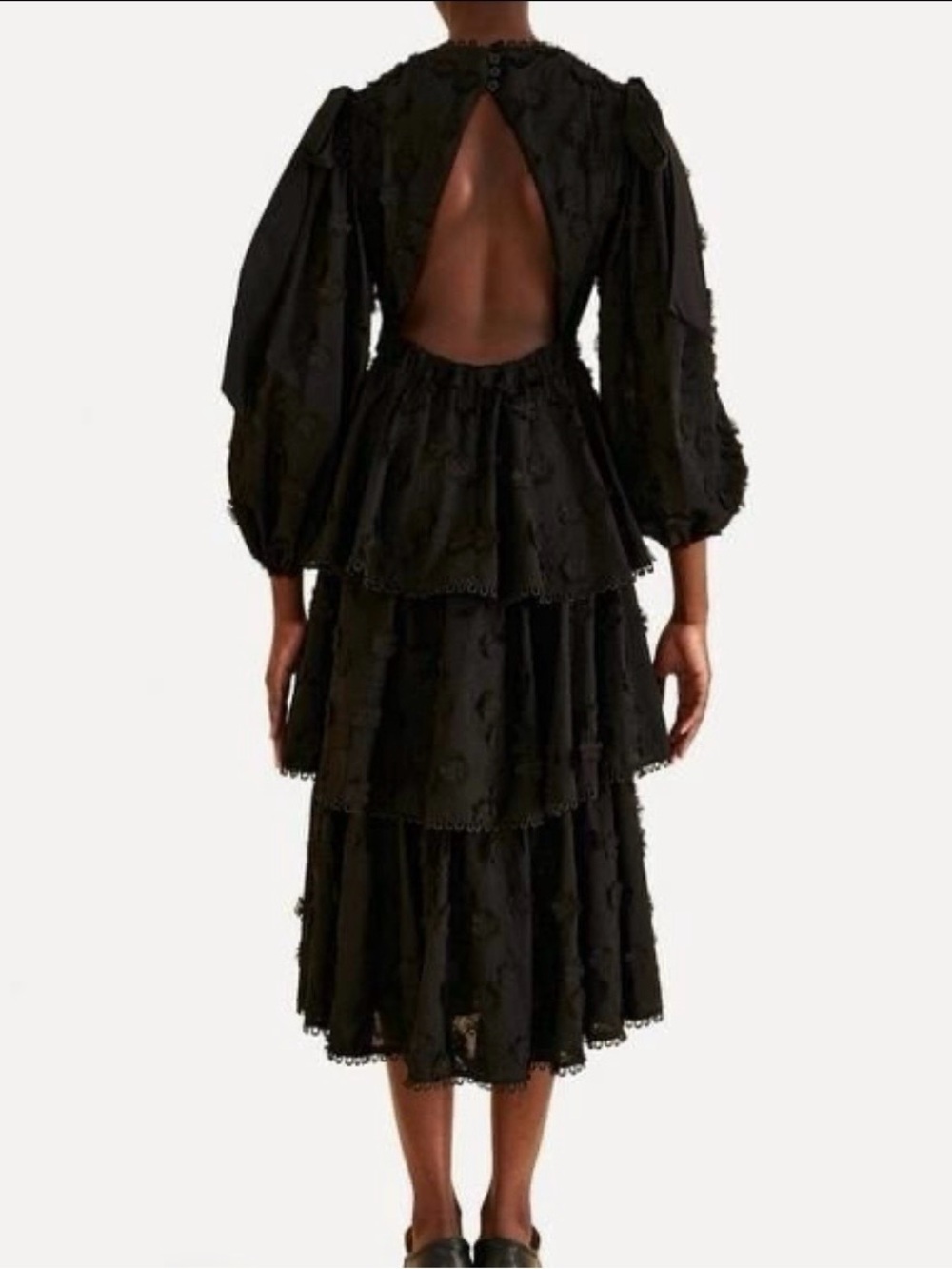 FARM RIO Black Flowers Textured Tiered Ruffle Midi-Dress Sz S Victorian Prairie - Picture 3 of 16
